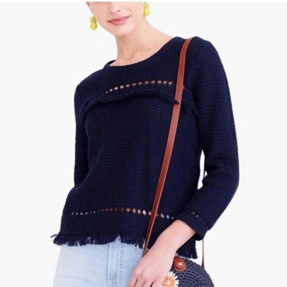 J. Crew Crochet Fringe Boho Long Sleeve Navy Sweater Size Small - Picture 1 of 10